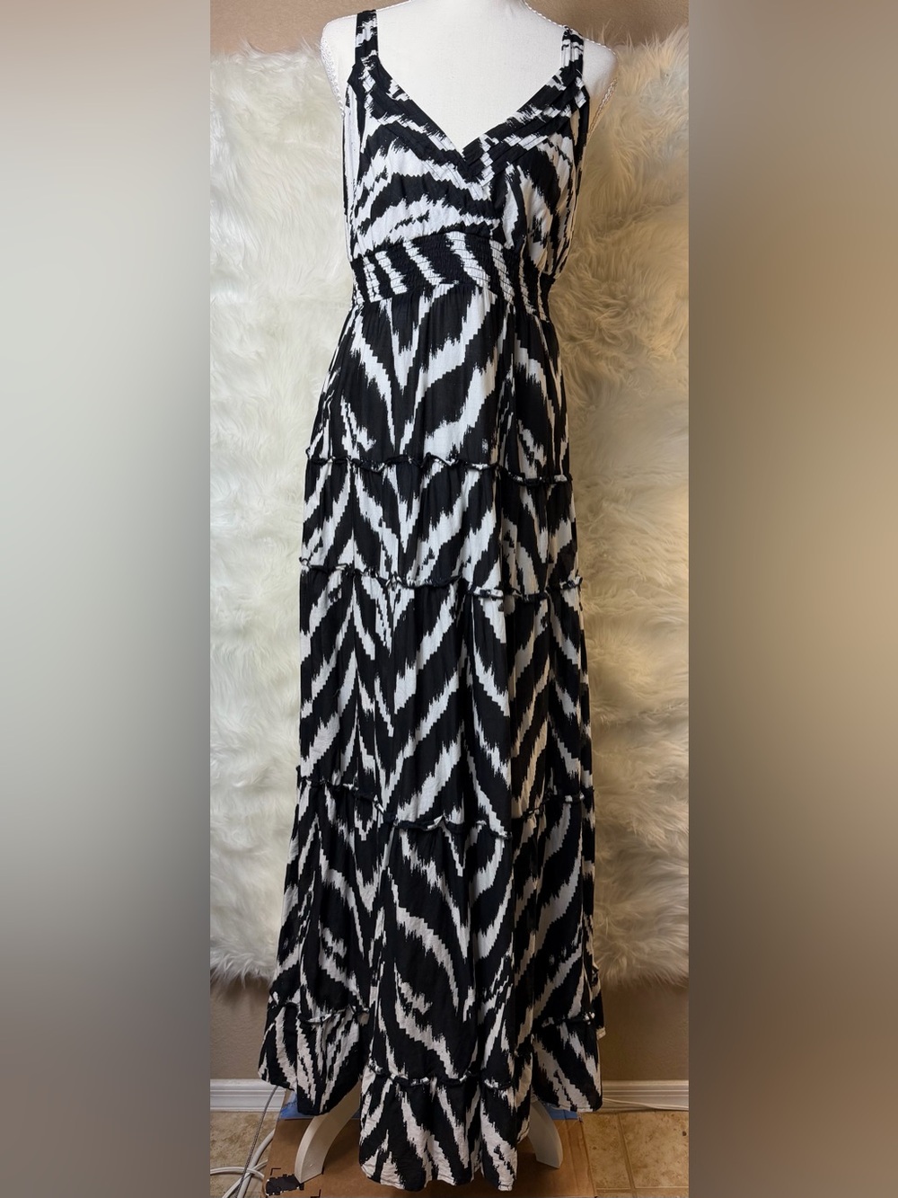 Style & Co Black White Zebra Print Tiered Maxi Dress 100% Cotton Size Large